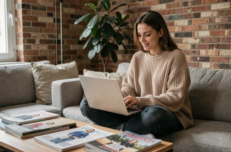 Jeune femme parisienne consultant les dernières tendances du web francophone sur son ordinateur portable dans un appartement moderne