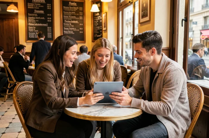 Groupe de jeunes adultes discutant des tendances et actualités du web francophone autour d'une tablette dans un café parisien
