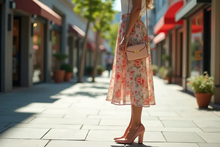 Adulte en jupe fleurie midi avec sac à main coordonné et escarpins à talons blocs, debout sur un trottoir urbain ensoleillé devant des vitrines de boutiques