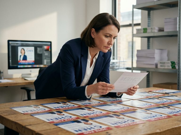 Femme professionnelle vérifiant des flyers électoraux imprimés sur un bureau en bois dans un bureau moderne