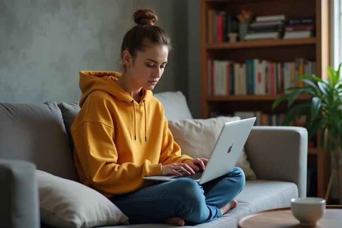 Jeune femme vérifiant la sauvegarde de ses fichiers Google Drive avant de désactiver la synchronisation sur son ordinateur portable