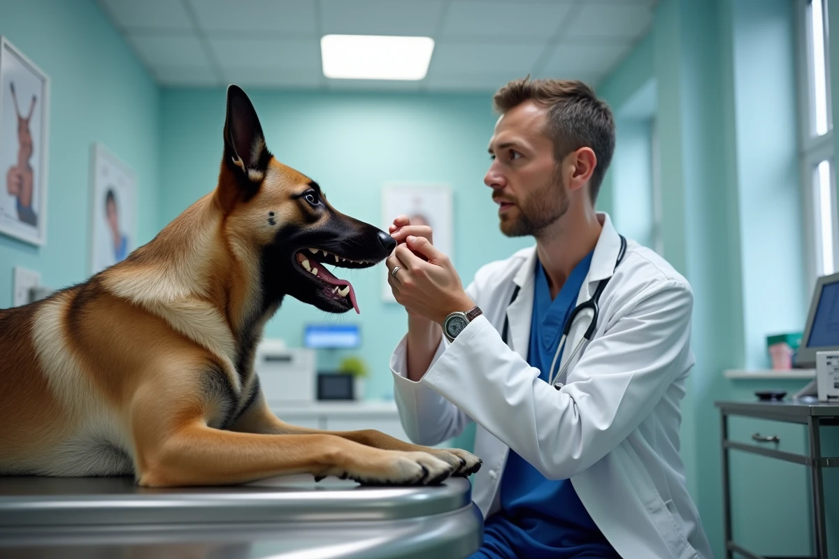 Vétérinaire examine la bouche d un Malinois dans une clinique