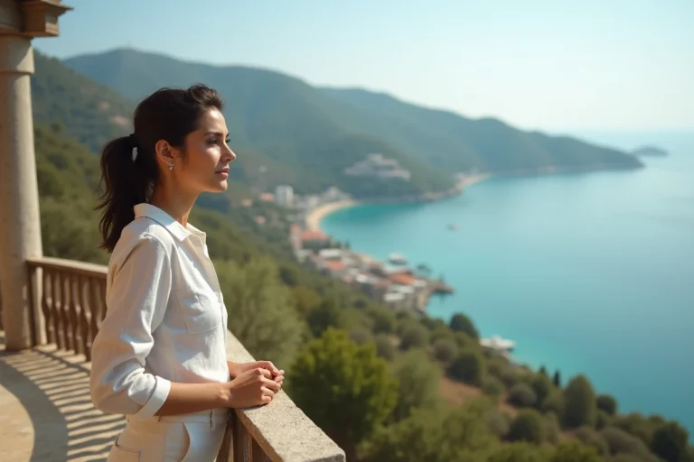 Femme profitant d'une terrasse de villa avec vue sur une baie méditerranéenne lors de vacances de rêve