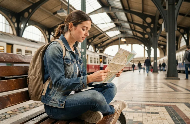 Jeune femme avec un sac à dos étudiant une carte dans une gare européenne pour voyager à petit budget