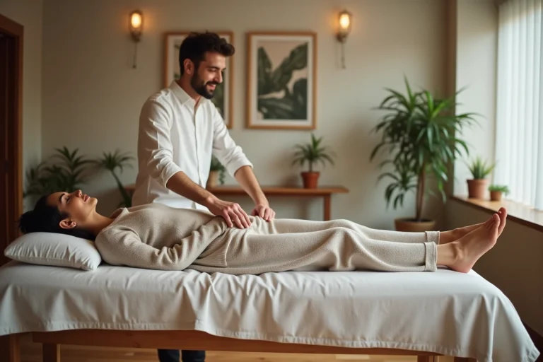 Femme détendue recevant un massage des pieds en studio